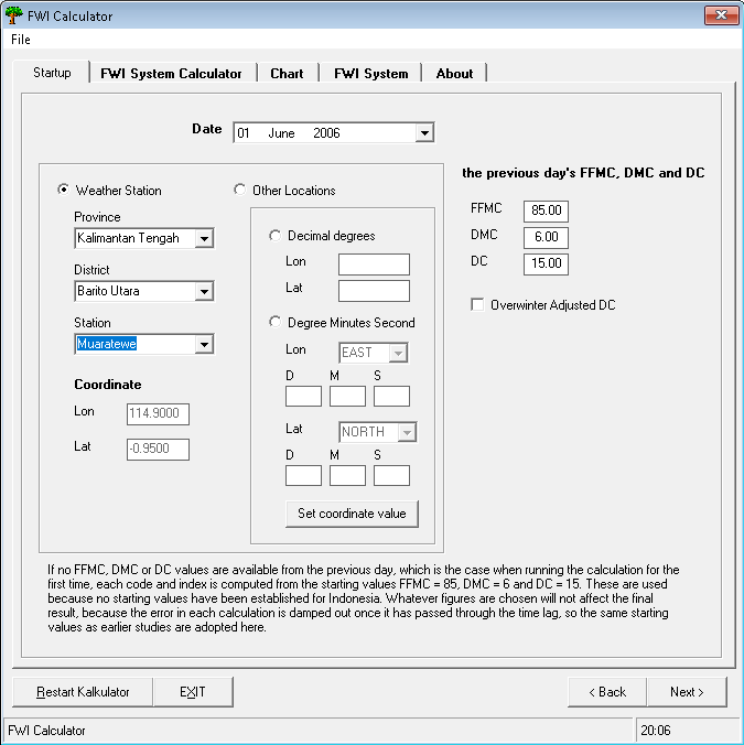 FWI Calculator, the Visual Basic 6 interface