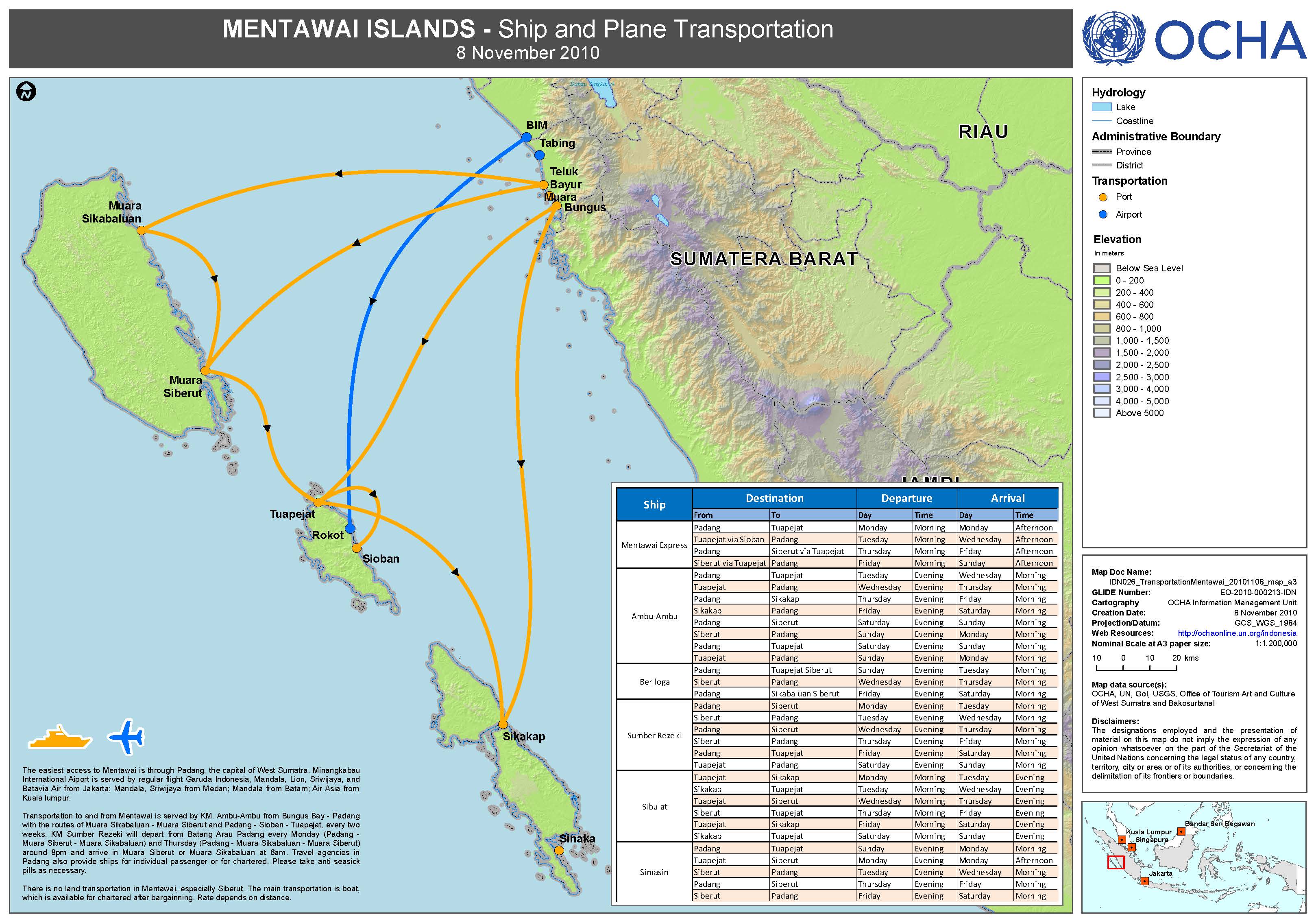 2010. UNOCHA. Mentawai tsunami response: ship and plane access to the islands, with the ferry timetable, 8 November 2010. ArcGIS 9.3