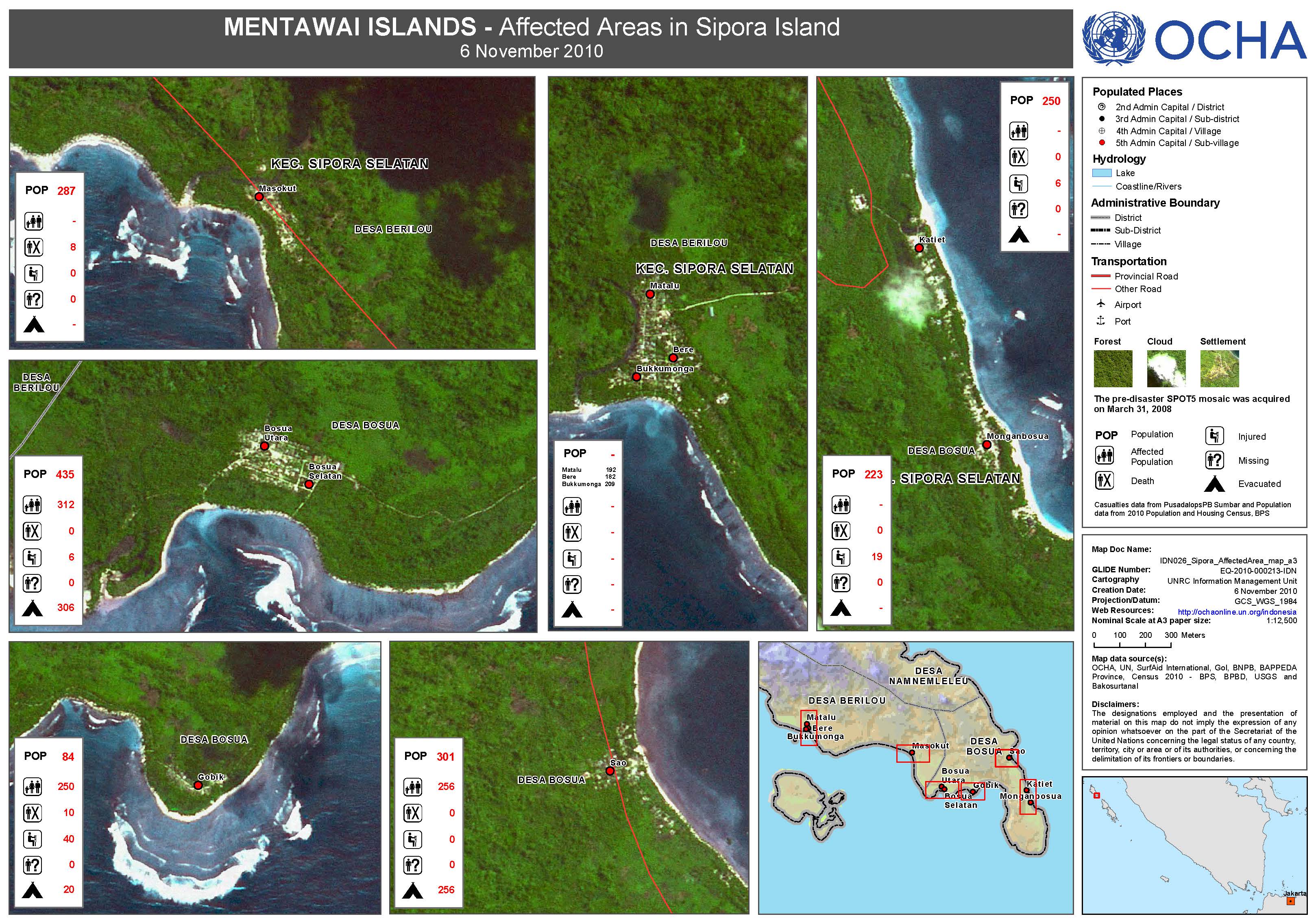 2010. UNOCHA. Mentawai tsunami response: affected settlements on Sipora Island over pre-disaster SPOT5 imagery, with population and casualty counts, 6 November 2010. ArcGIS 9.3