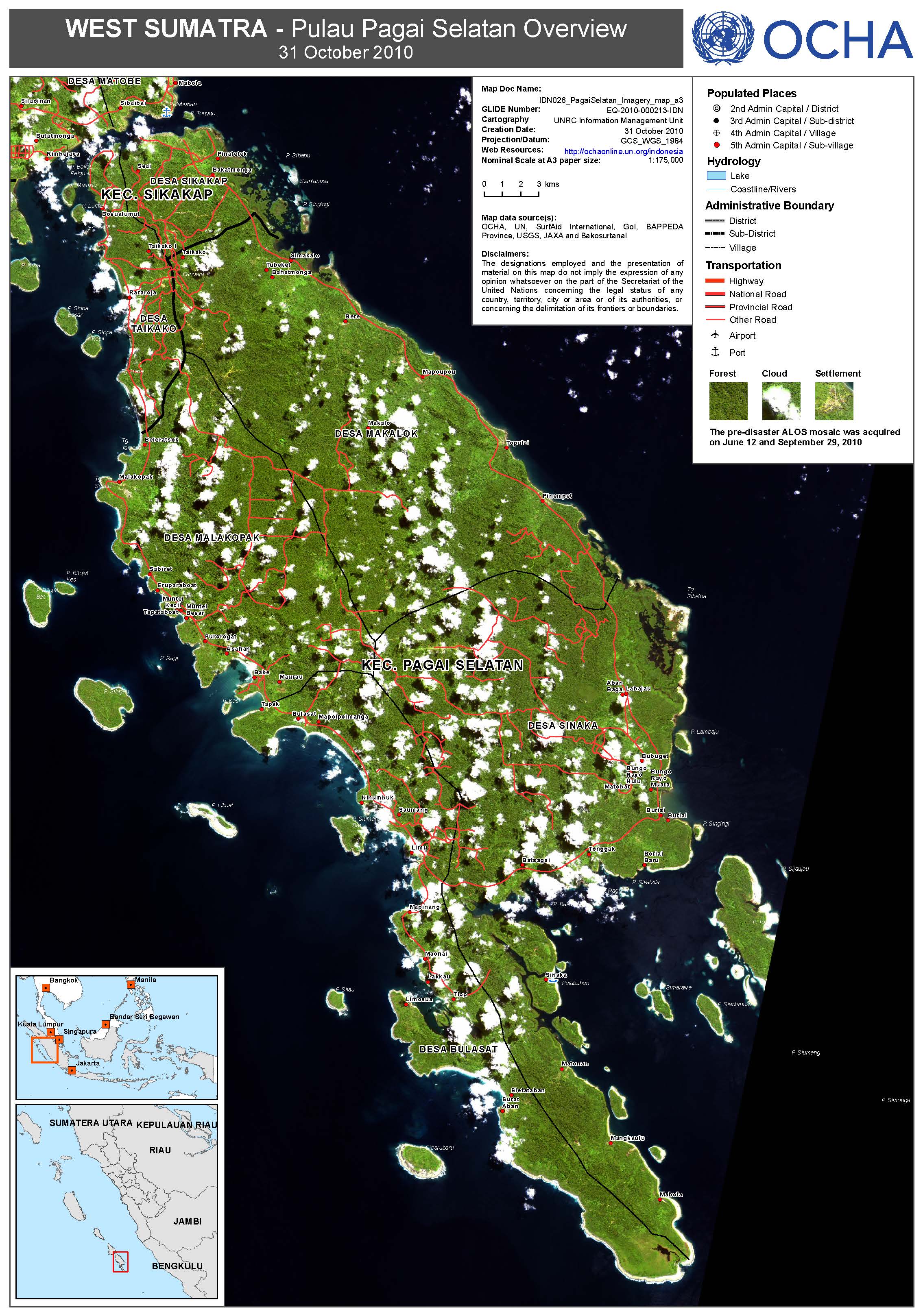 2010. UNOCHA. Mentawai tsunami response: Pagai Selatan overview over pre-disaster ALOS imagery, 31 October 2010. ArcGIS 9.3