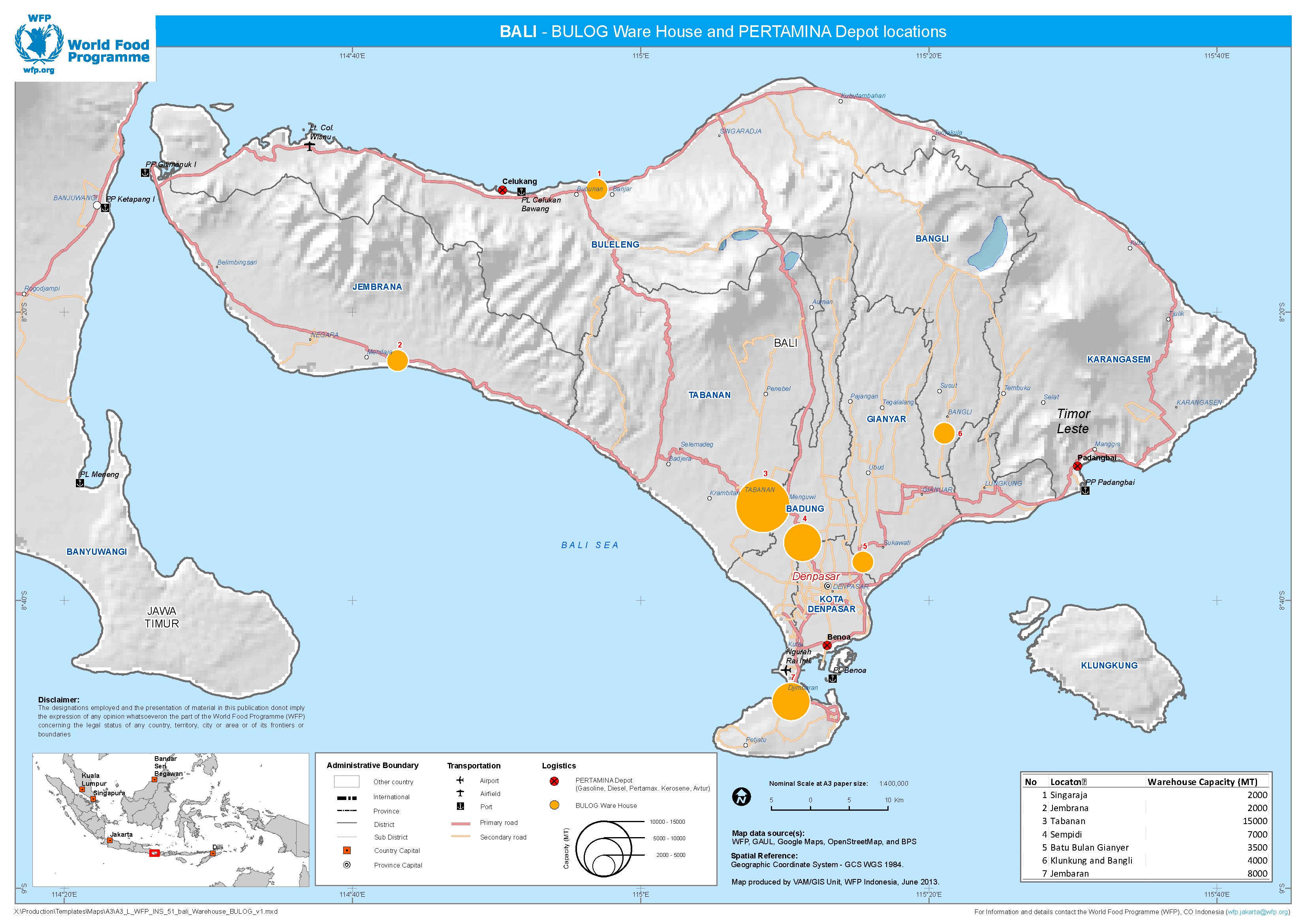 2013. WFP. Bali BULOG warehouse capacity and PERTAMINA fuel depot locations