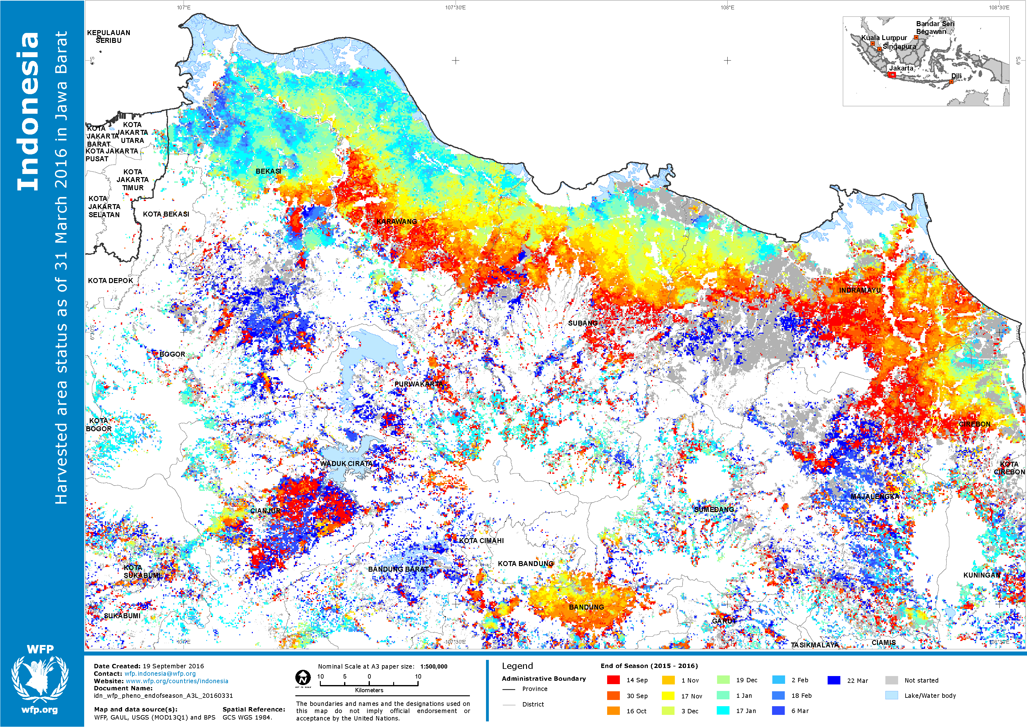 2016. WFP. Harvested area status in West Java as of 31 March 2016, the end of season derived from MODIS MOD13Q1