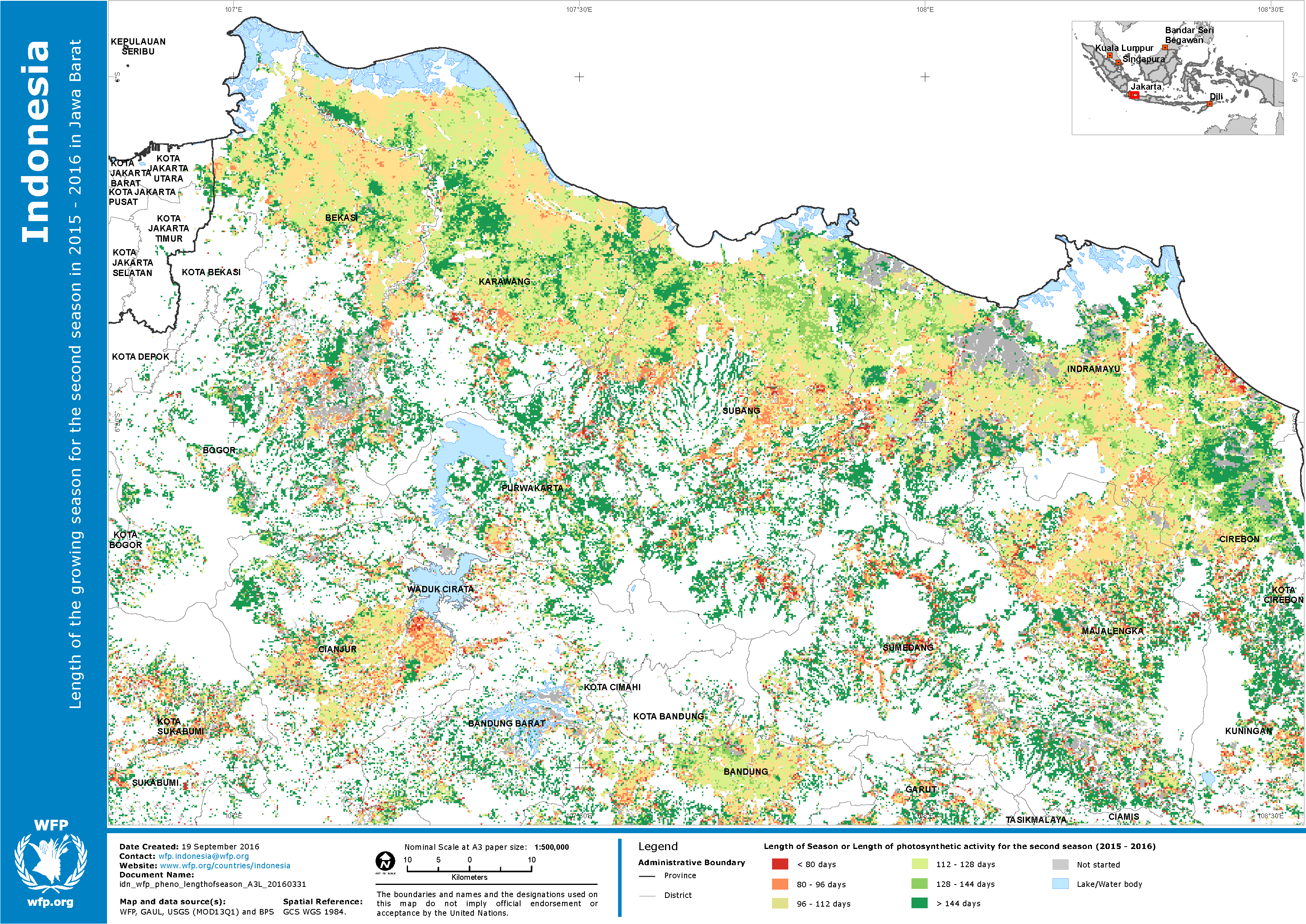 2016. WFP. Length of the second growing season in West Java, 2015 to 2016, derived from MODIS MOD13Q1