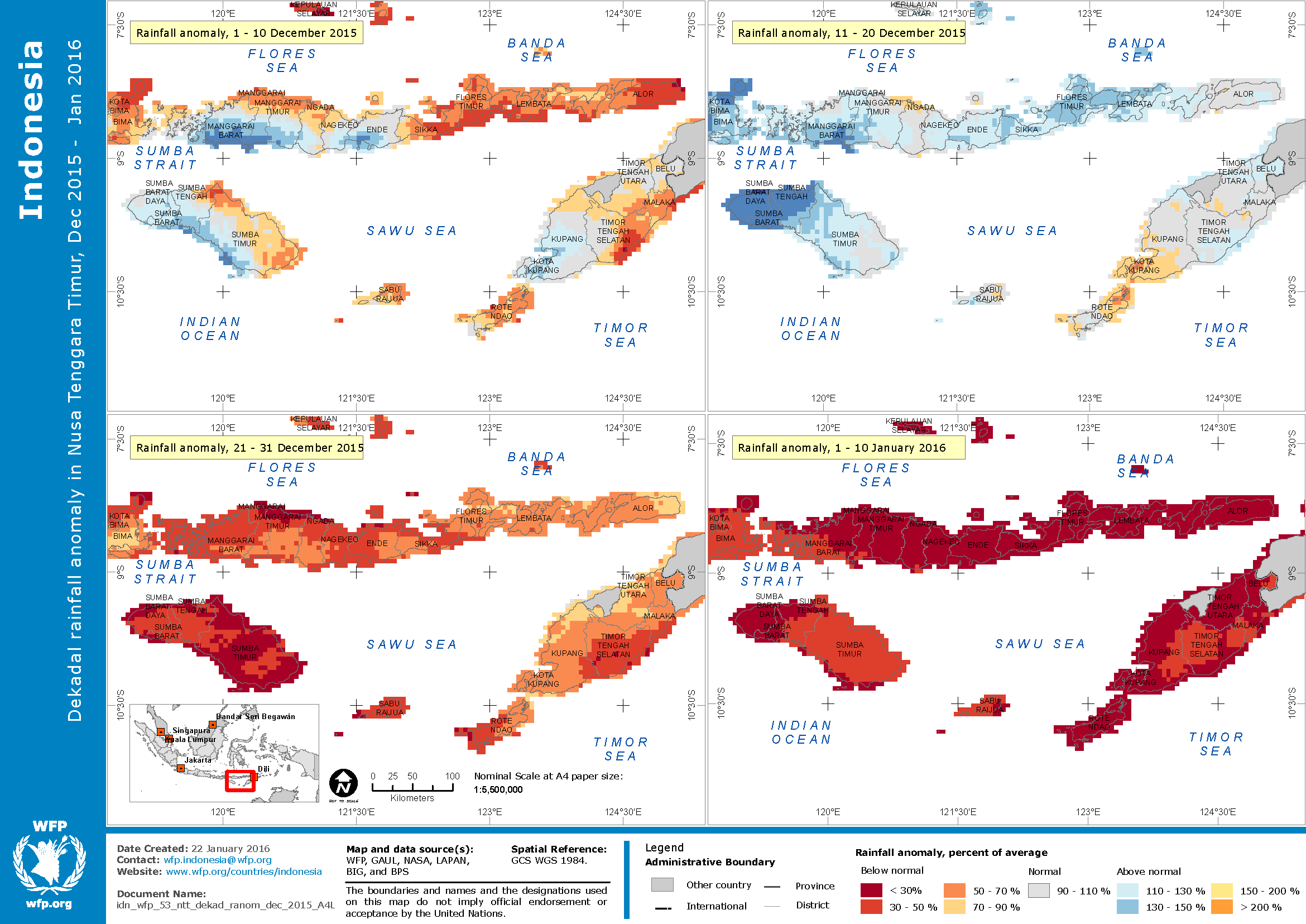 2016. WFP. Dekadal rainfall anomaly in Nusa Tenggara Timur, December 2015 to January 2016, as a percent of average