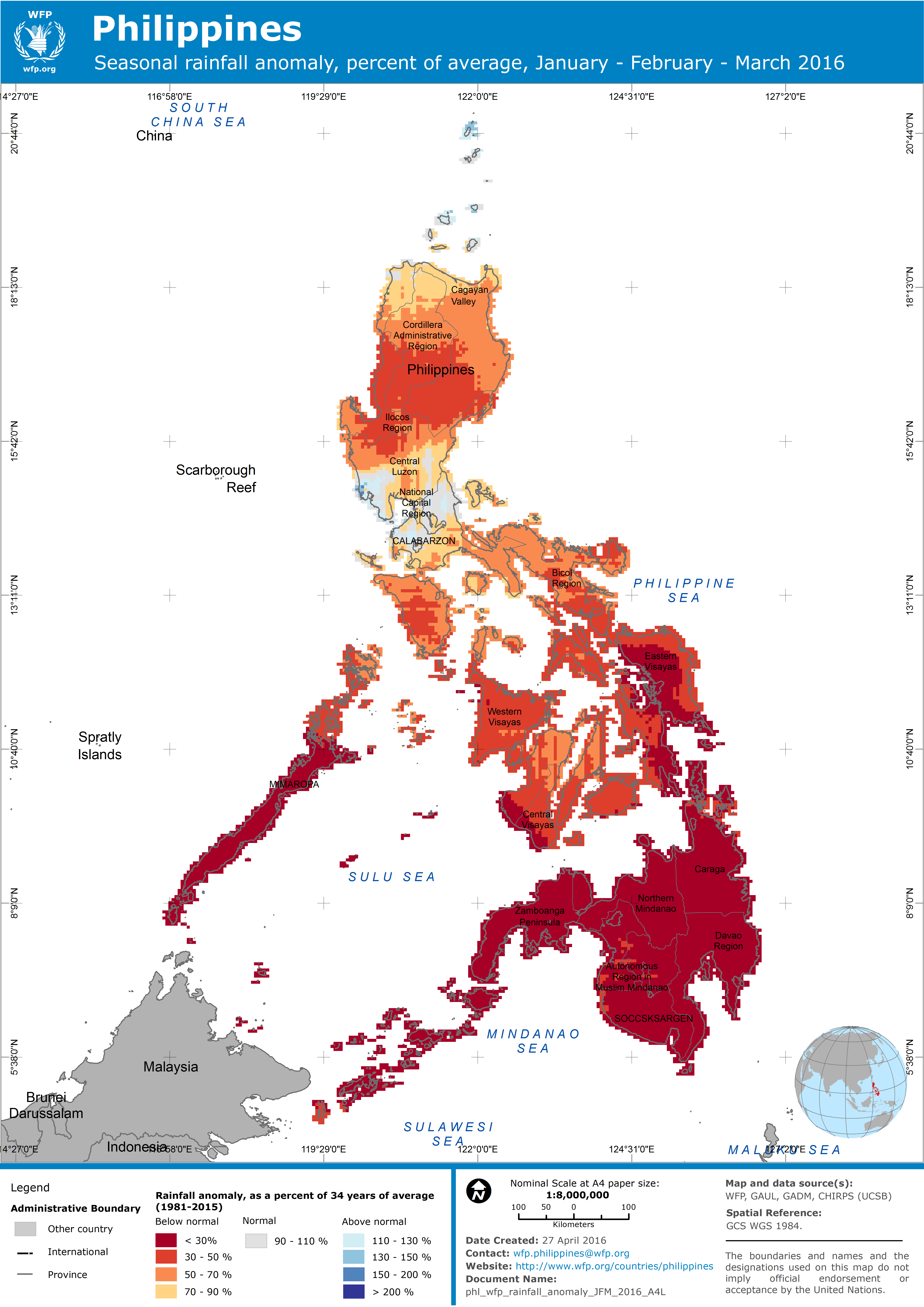 2016. WFP. PHL Rainfall anomaly, JFM 2016. ArcGIS 10.3