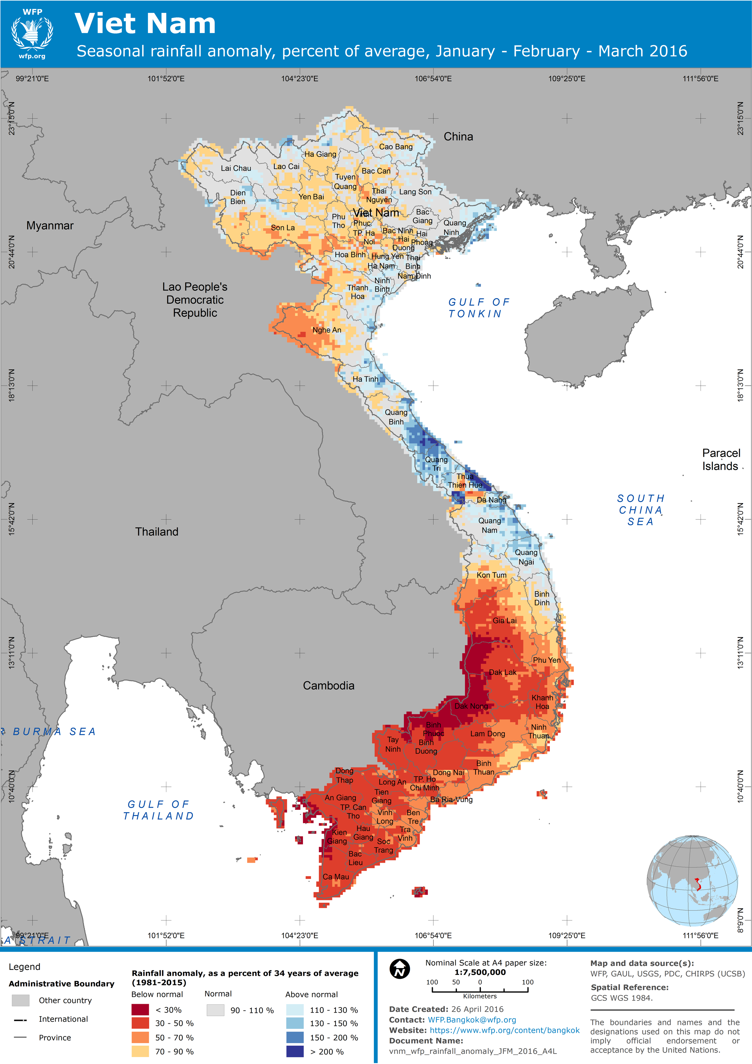 2016. WFP. Viet Nam seasonal rainfall anomaly, January to March 2016, as a percent of the 1981-2015 average. ArcGIS 10.3