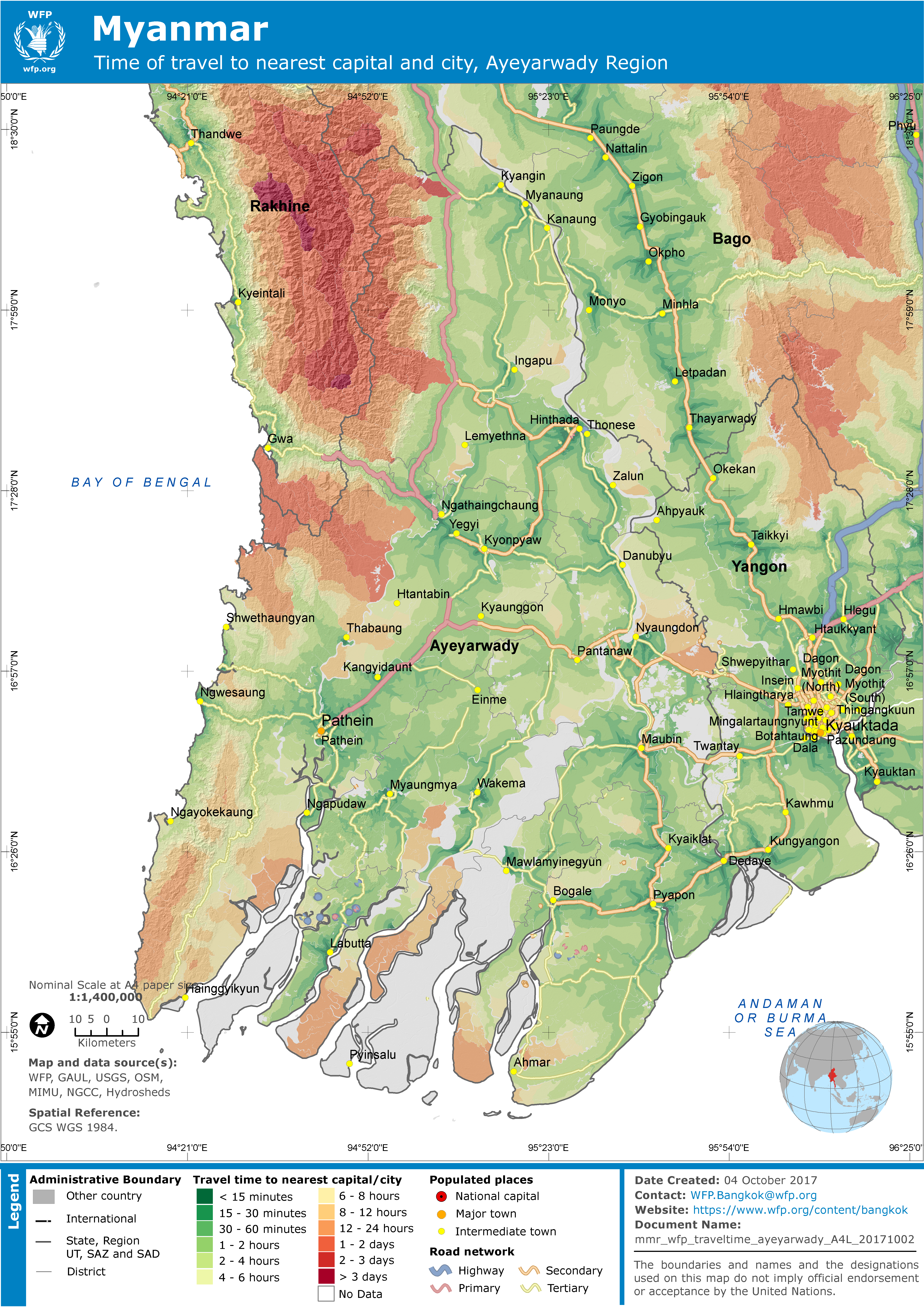 2017. WFP. Travel time to nearest city, Ayeyarwady Region. ArcGIS 10.4