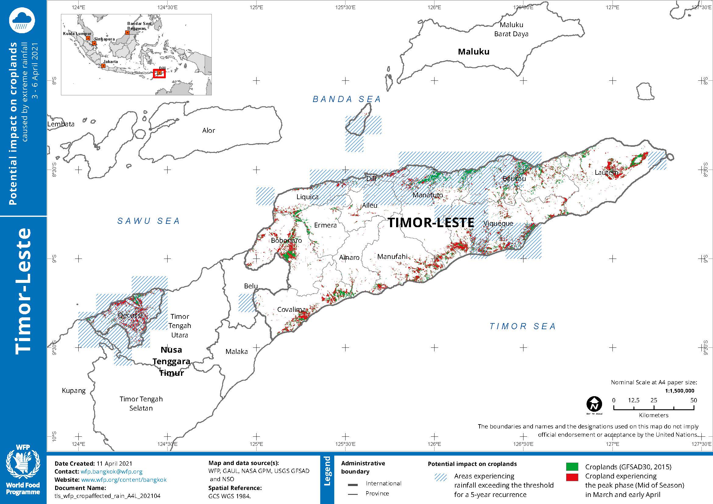 2021. WFP. Timor Leste potential impact on cropland, caused by extreme rainfall. ArcGIS 10.8
