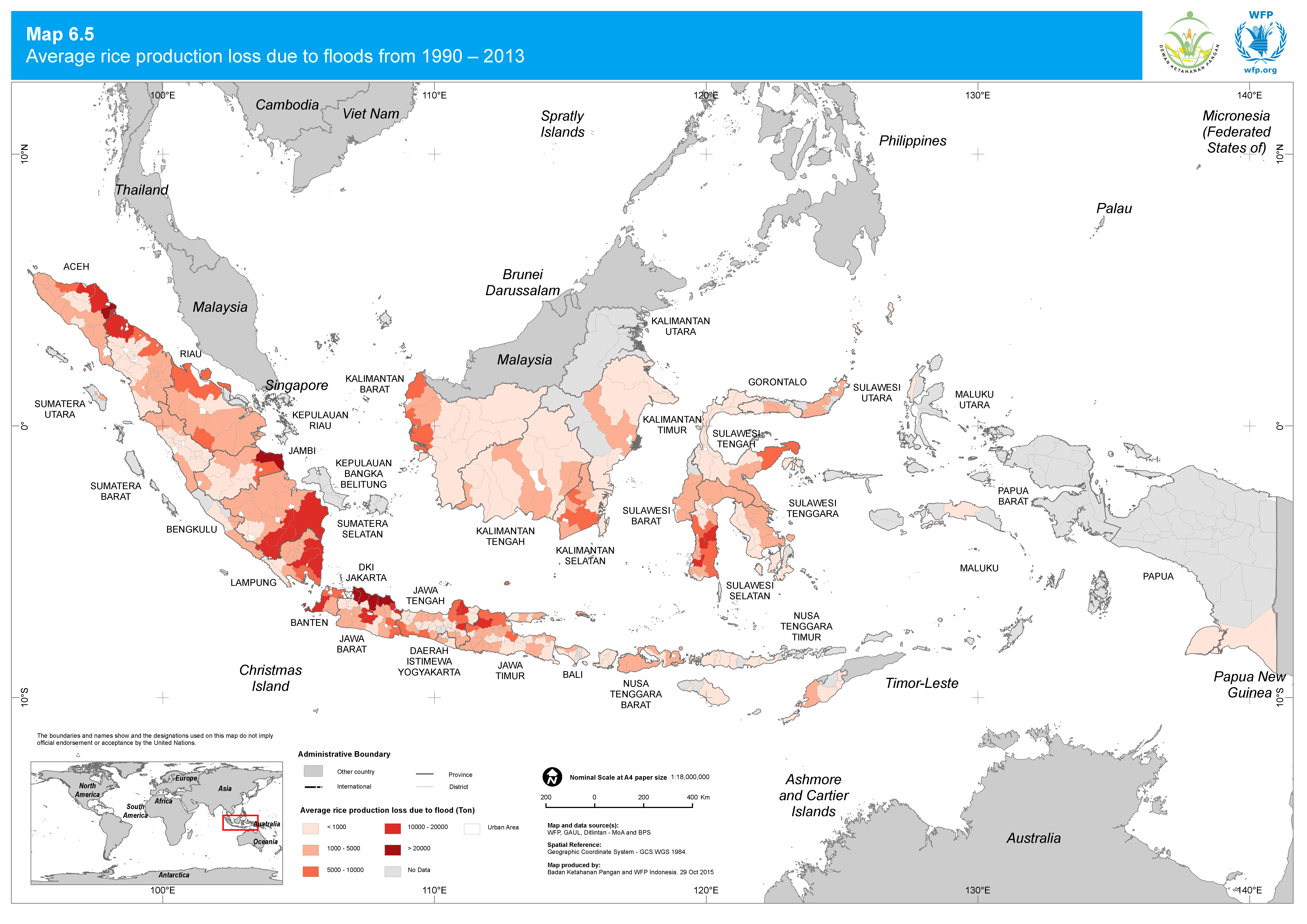 2015. WFP. Food Security and Vulnerability Atlas: Rice production loss from flood. ArcGIS 10.2.2