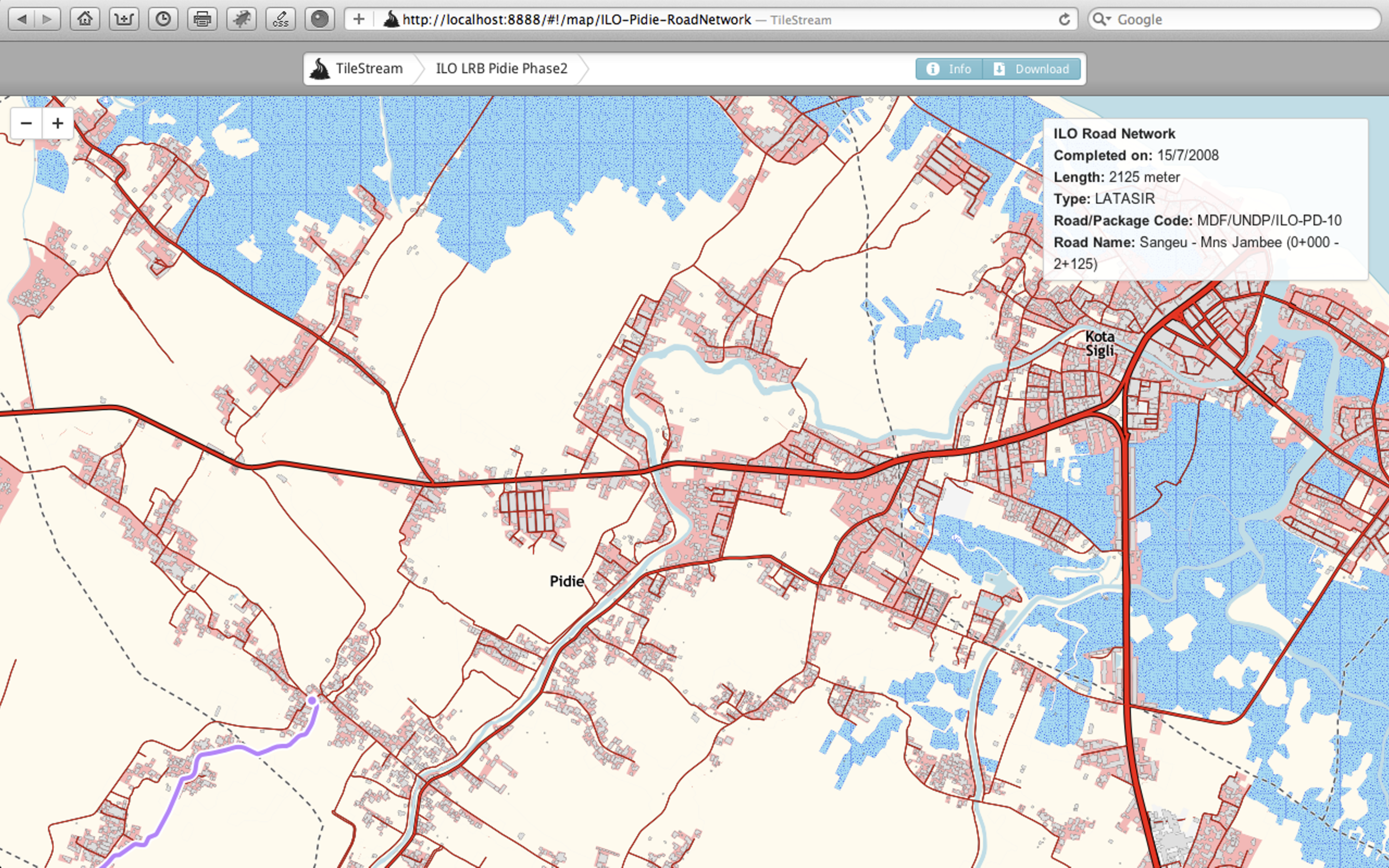 The Pidie road network served from TileStream, showing the record for a single road link